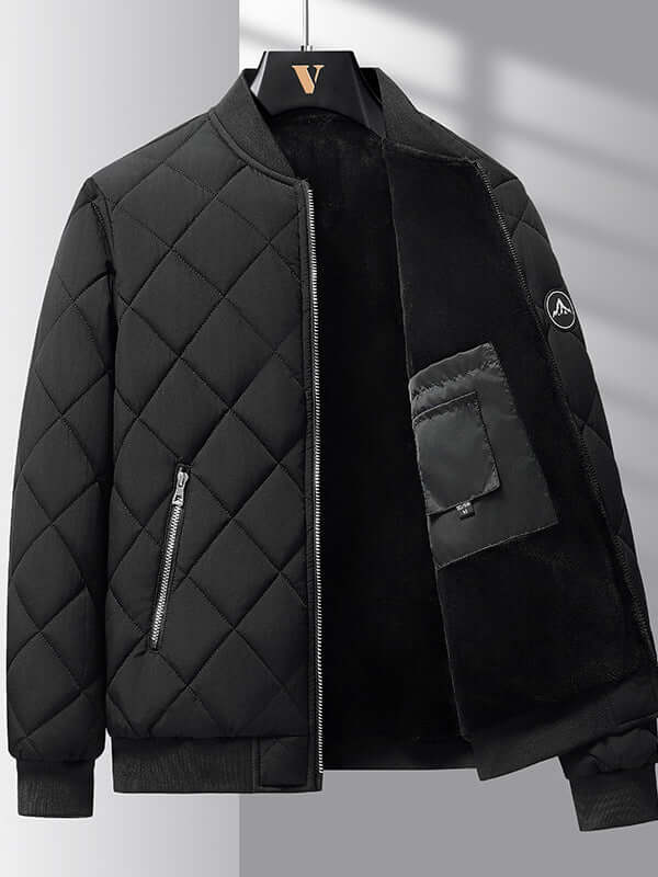 Black rhombic-sewing design cotton coat with zip, windproof and warm for winter fashion.