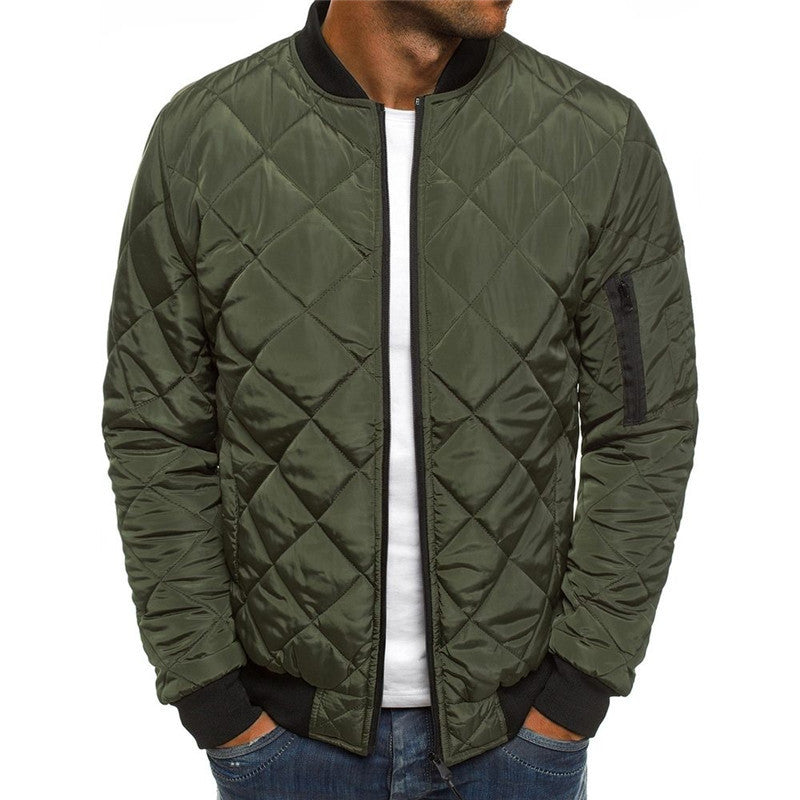 Men's solid color winter stand collar jacket, urban style, polyester, zip placket, available in multiple sizes.
