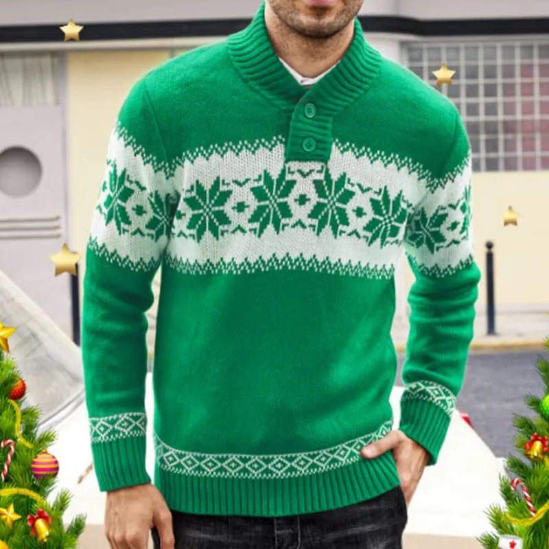 Men's green pullover sweater with white jacquard design, perfect for autumn and winter, available in various sizes.