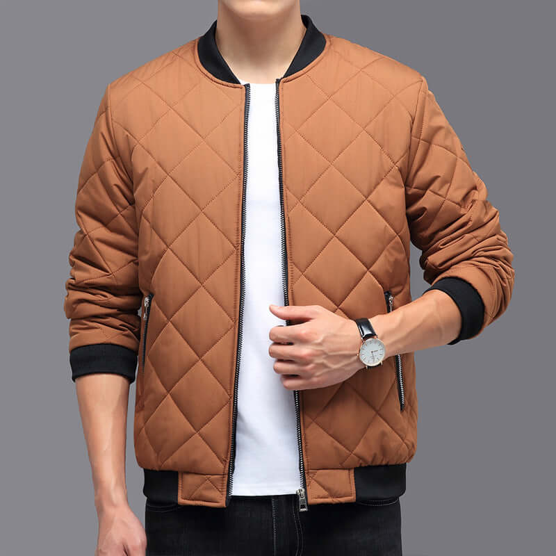 Fashionable rhombic-sewing design cotton coat in brown, stylish windproof winter wear with long sleeves.