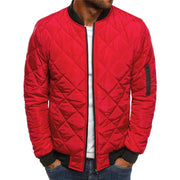 Men's red quilted bomber jacket with zipper, stand collar, and urban style, perfect for winter wear.