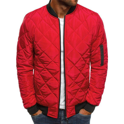 Men's red quilted bomber jacket with zipper, stand collar, and urban style, perfect for winter wear.