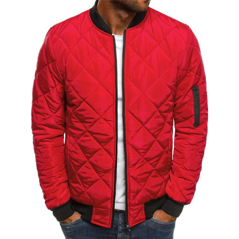 Red quilted bomber jacket for men with stand collar and zipper placket, perfect for urban winter fashion.