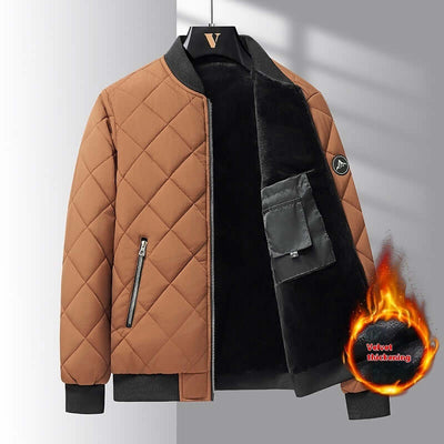 Fashion rhombic-sewing design cotton coat in brown, featuring a stylish quilted pattern and warm interior, ideal for winter.