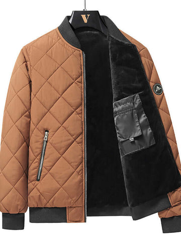 Fashion rhombic-sewing design cotton coat, warm with quilted texture, stylish brown color, featuring long sleeves and functional pockets.