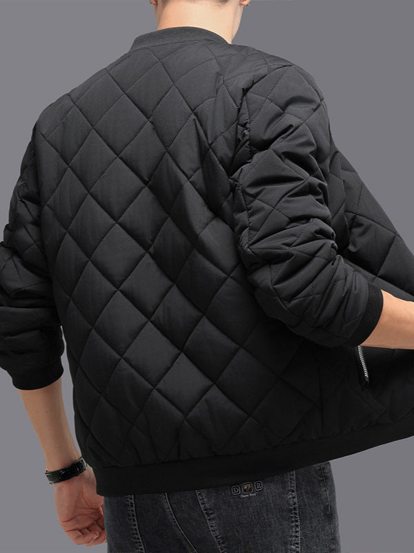 Black rhombic-sewing design cotton coat, perfect for winter warmth and style, featuring a quilted texture for comfort.