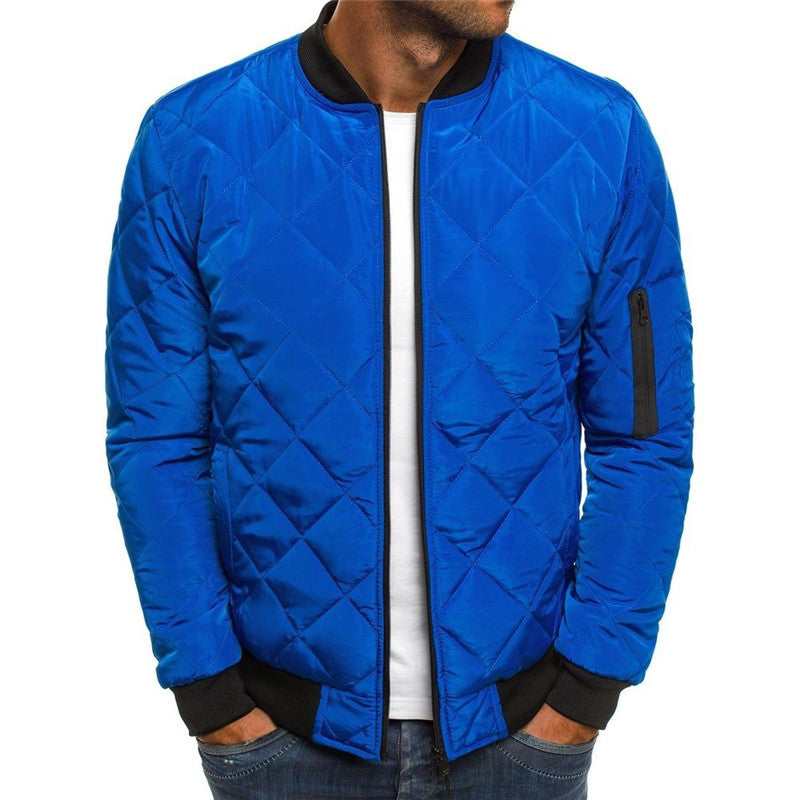 Solid color blue bomber jacket for men, urban style, featuring a zip placket and loose fit, perfect for winter wear.