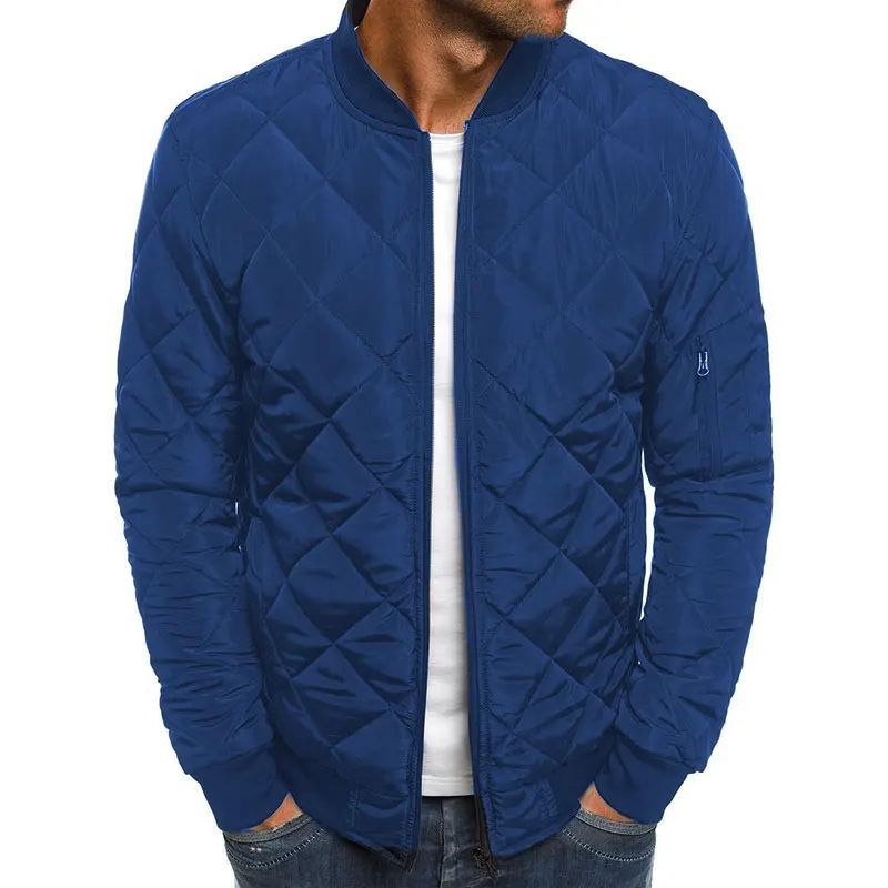 Solid color winter jacket for men with stand collar, zipper placket, and urban style in dark blue.