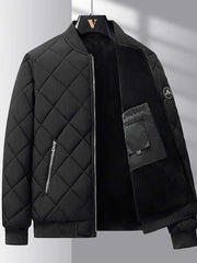 Fashion rhombic-sewing design black cotton coat, stylish, warm, windproof with cozy interior, perfect for winter wear.