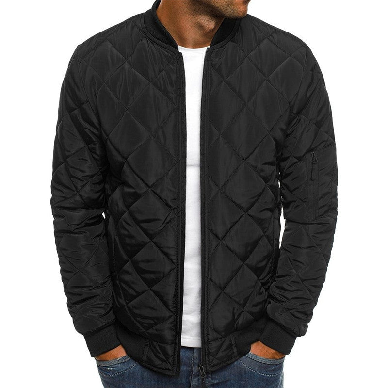 Solid color winter stand collar jacket for men, urban style, quilted design, zipper placket, available in various sizes.