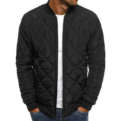 Solid color winter stand collar jacket for men, urban style, quilted design, zipper placket, available in various sizes.