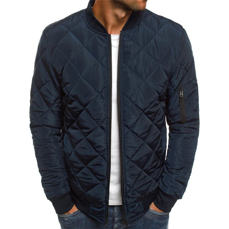 Solid color winter stand collar jacket for men, featuring a zip placket, urban style, and loose fit in blue.