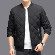Winter warm rhombic-sewing design black cotton coat with long sleeves and zip pockets.