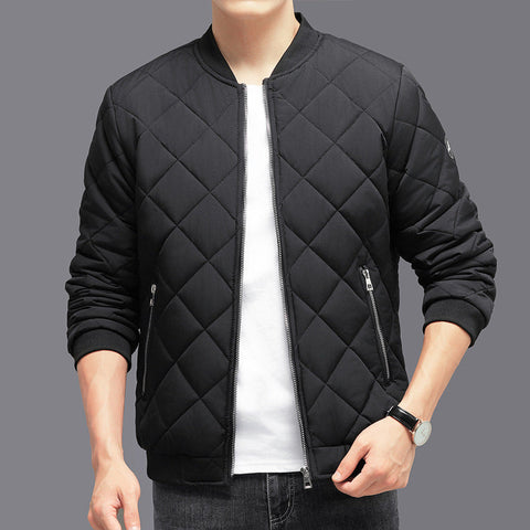 Winter warm rhombic-sewing design black cotton coat with long sleeves and zip pockets.