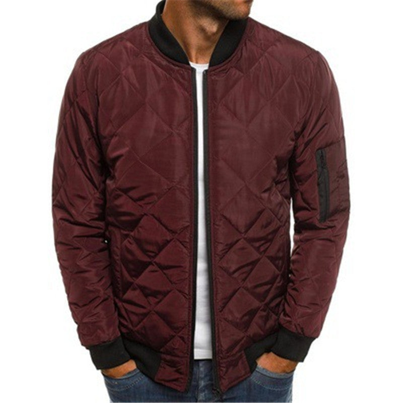 Solid color winter coat for men, urban style, zipper placket, loose fit, available in multiple sizes.
